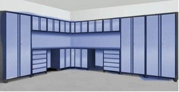 Garage en noir en forme de L, étagère en forme de L, rangement d'outils avec tiroirs