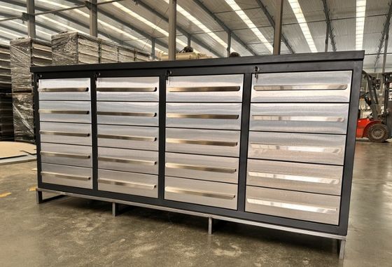 Bureau de travail professionnel personnalisable avec roues lourdes et tiroirs en acier inoxydable