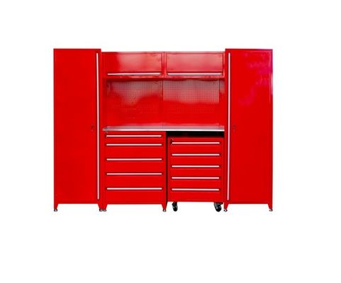 Armoire de garage à combinaison personnalisable avec plusieurs tiroirs et boîte à outils à rouleaux rouges