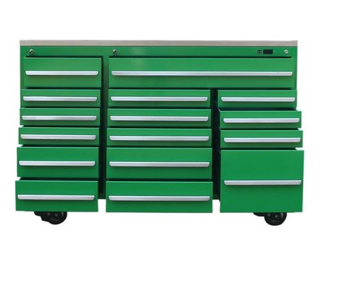 Armoire d'outil vert en acier avec tiroirs et poignées en acier inoxydable sur roues