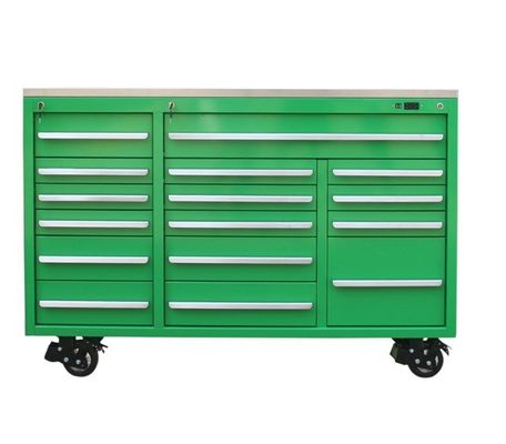 Armoire d'outil vert en acier avec tiroirs et poignées en acier inoxydable sur roues
